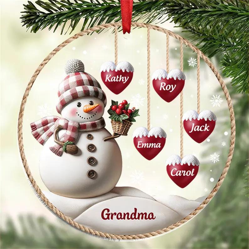 Personalized Christmas Ornament, Custom Acrylic Snowman Ornament, 1–8 Family Names Decoration, Gift for Mom, Grandma, Xmas Tree Decor
