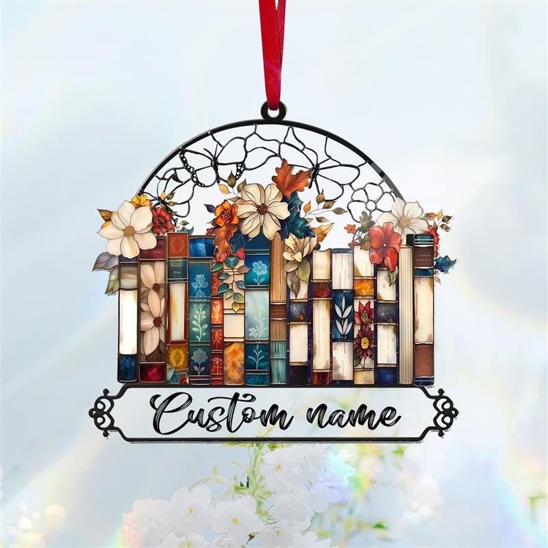 Custom Books Ornament, Books Suncatcher, Book Lover Gift, Floral Bookshelf Decoration, Birthday Gift, Home Library Suncatcher Ornament Decor