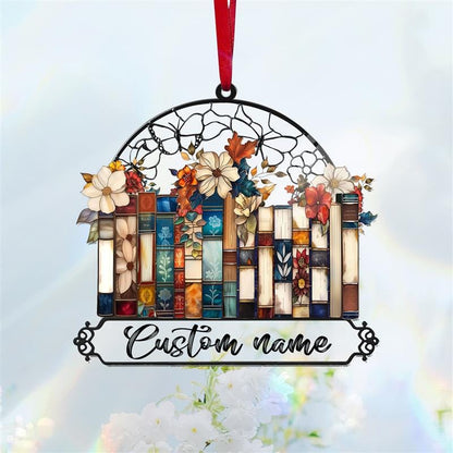 Custom Books Ornament, Books Suncatcher, Book Lover Gift, Floral Bookshelf Decoration, Birthday Gift, Home Library Suncatcher Ornament Decor