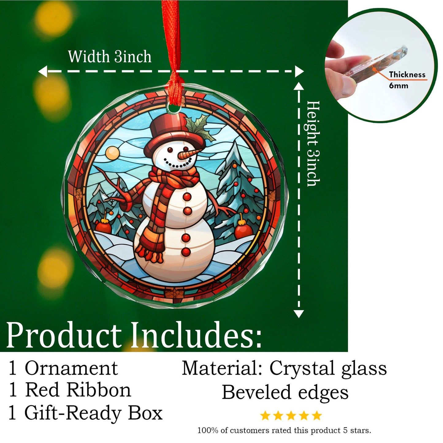 Stained Glass Snowman Christmas Ornament | Classic Winter Christmas Tree Decoration | Acrylic, Ceramic & Glass Holiday Gift