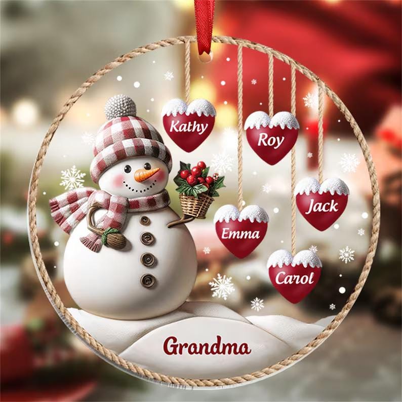 Personalized Christmas Ornament, Custom Acrylic Snowman Ornament, 1–8 Family Names Decoration, Gift for Mom, Grandma, Xmas Tree Decor