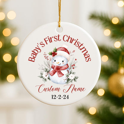 Ornement Personnalisé Premier Noël de Bébé, Prénom et Date Personnalisés, Décoration en Céramique Bonhomme de Neige, Souvenir de Vacances, Cadeau de Famille, Cadeau pour Collègue,