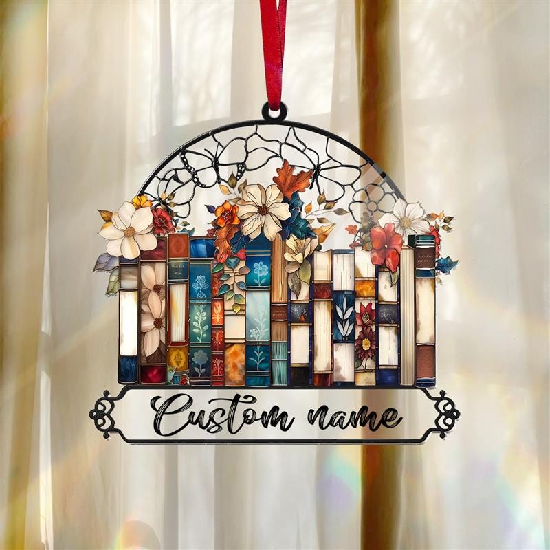 Custom Books Ornament, Books Suncatcher, Book Lover Gift, Floral Bookshelf Decoration, Birthday Gift, Home Library Suncatcher Ornament Decor