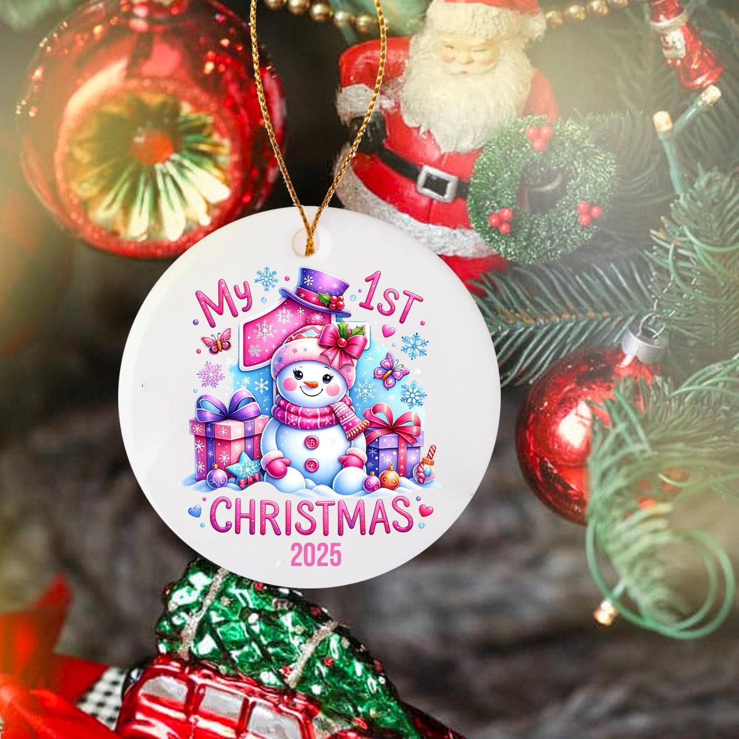 Adorno de la primera Navidad del bebé: Recuerdo de cerámica con diseño de muñeco de nieve