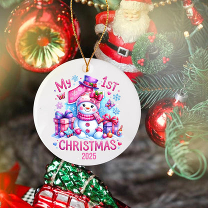 Adorno de la primera Navidad del bebé: Recuerdo de cerámica con diseño de muñeco de nieve