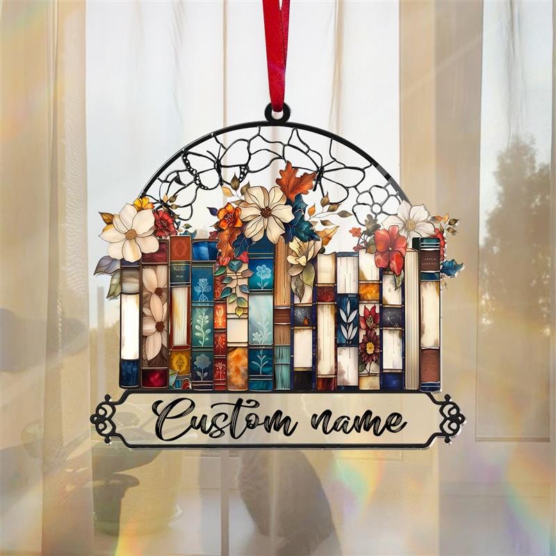 Custom Books Ornament, Books Suncatcher, Book Lover Gift, Floral Bookshelf Decoration, Birthday Gift, Home Library Suncatcher Ornament Decor