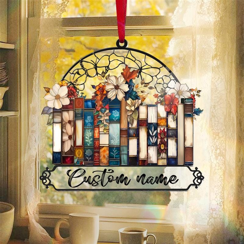Custom Books Ornament, Books Suncatcher, Book Lover Gift, Floral Bookshelf Decoration, Birthday Gift, Home Library Suncatcher Ornament Decor
