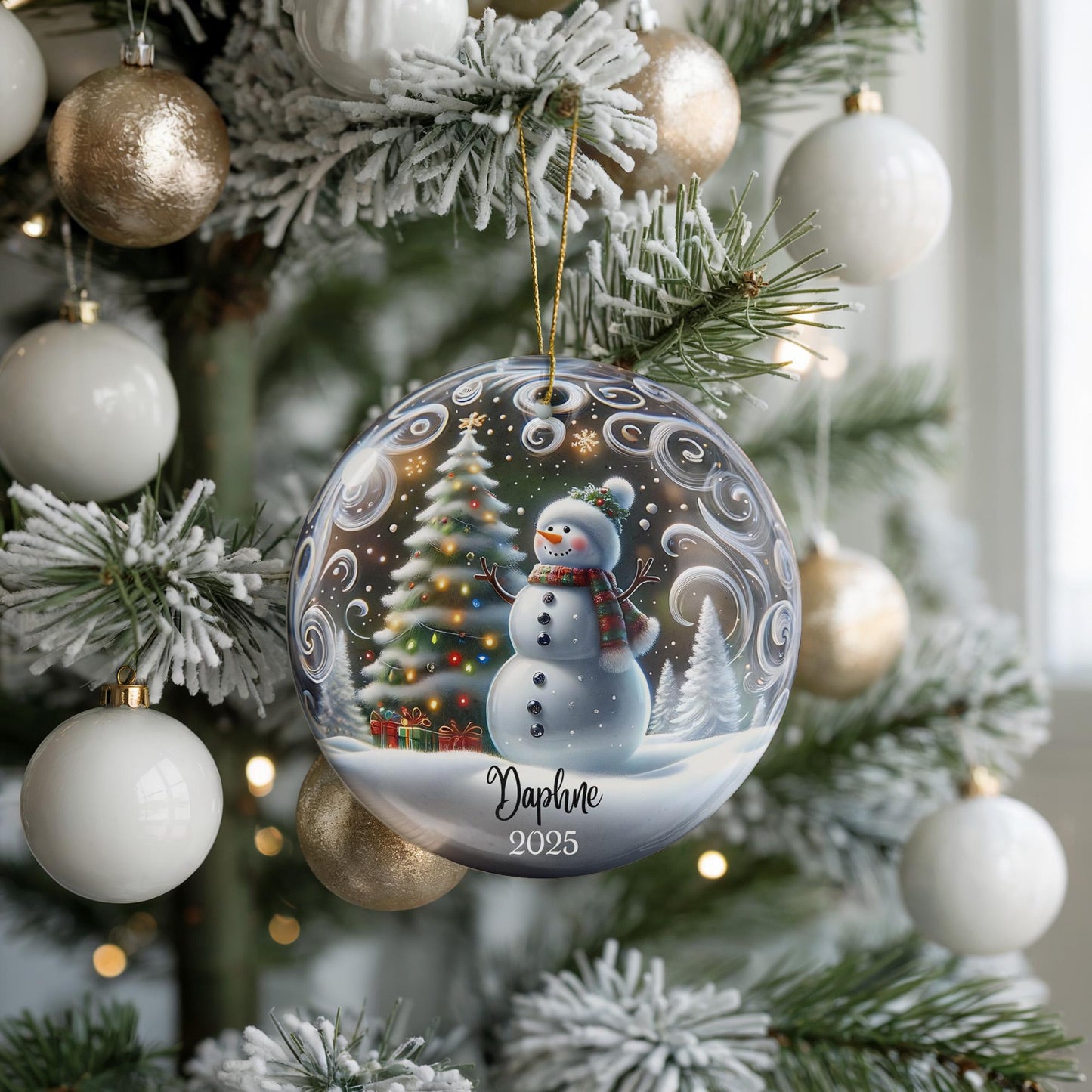 Ornement de Noël personnalisé en céramique bonhomme de neige - Cadeau de décoration d'arbre de vacances d'hiver personnalisé