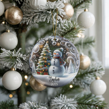 Ornement de Noël personnalisé en céramique bonhomme de neige - Cadeau de décoration d'arbre de vacances d'hiver personnalisé
