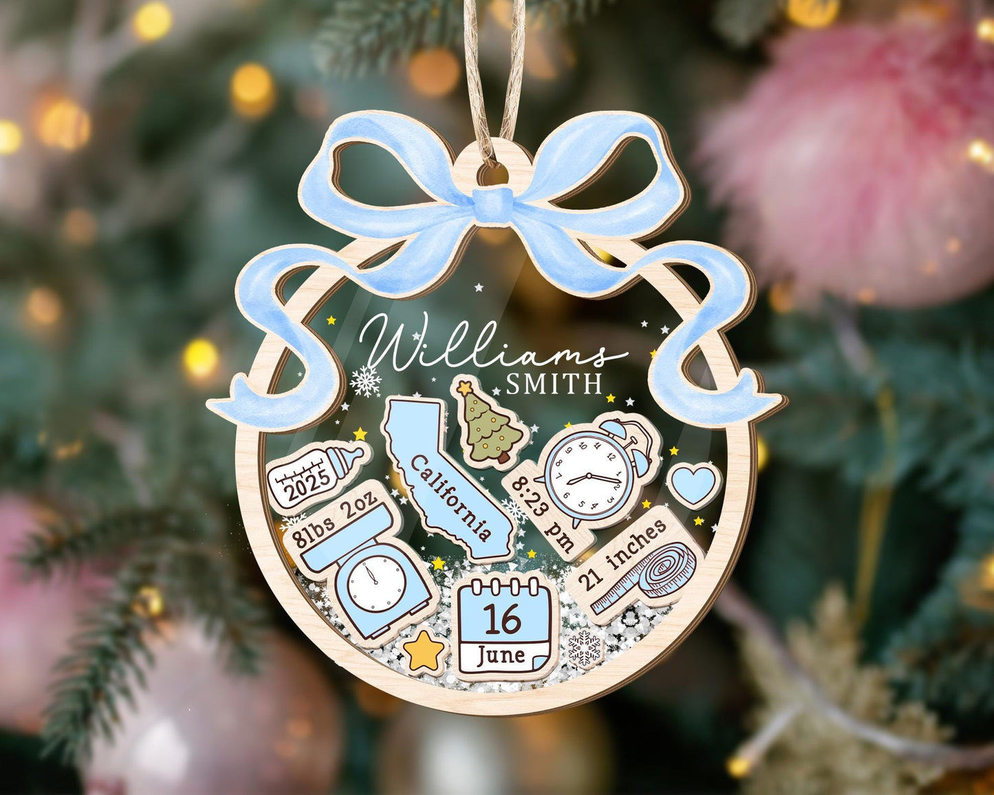Adorno Personalizado de Primera Navidad del Bebé: Recuerdos de Recién Nacido con Lazo Coquette - Agitador 4D