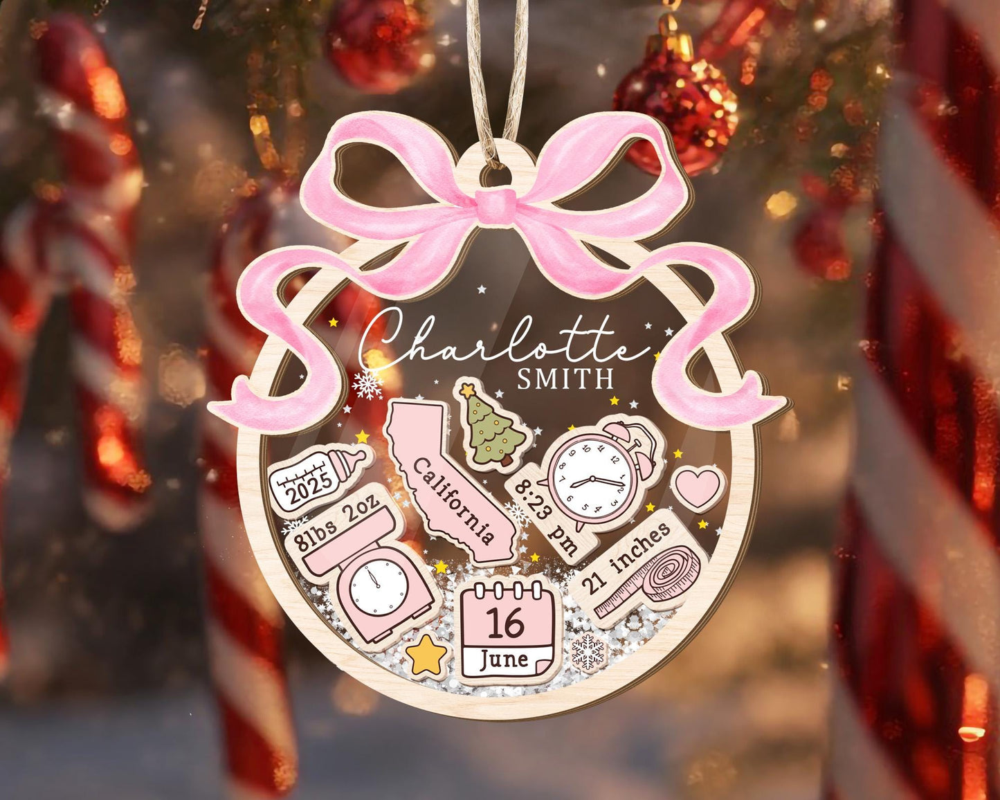 Adorno Personalizado de Primera Navidad del Bebé: Recuerdos de Recién Nacido con Lazo Coquette - Agitador 4D