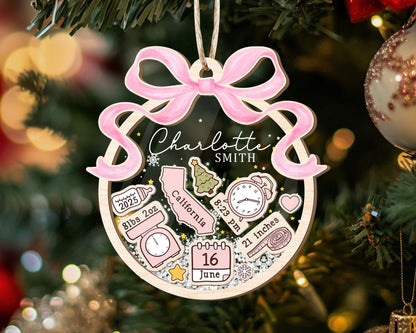 Adorno Personalizado de Primera Navidad del Bebé: Recuerdos de Recién Nacido con Lazo Coquette - Agitador 4D