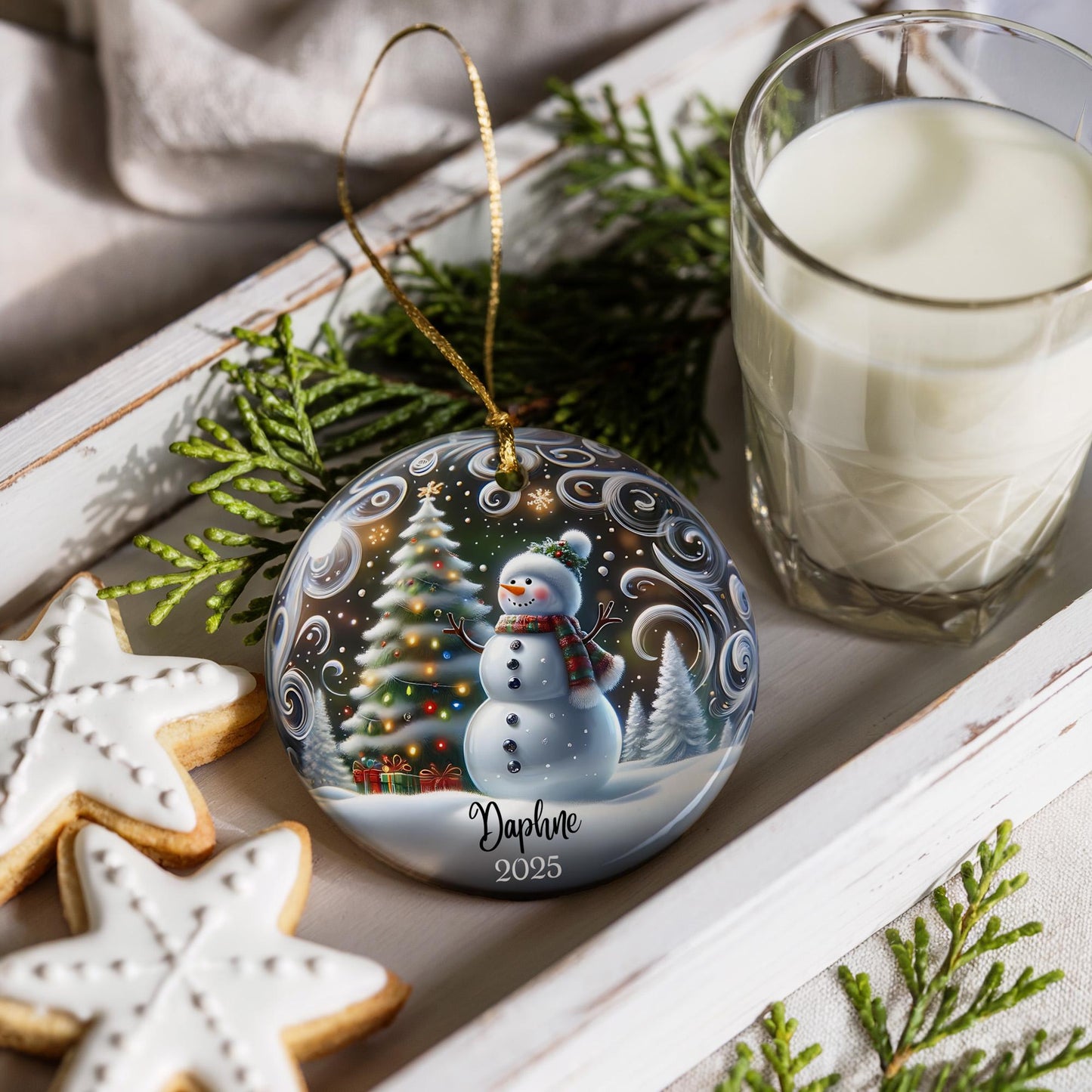 Ornement de Noël personnalisé en céramique bonhomme de neige - Cadeau de décoration d'arbre de vacances d'hiver personnalisé