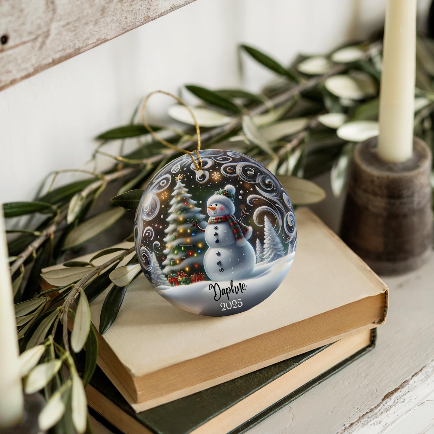 Ornement de Noël personnalisé en céramique bonhomme de neige - Cadeau de décoration d'arbre de vacances d'hiver personnalisé