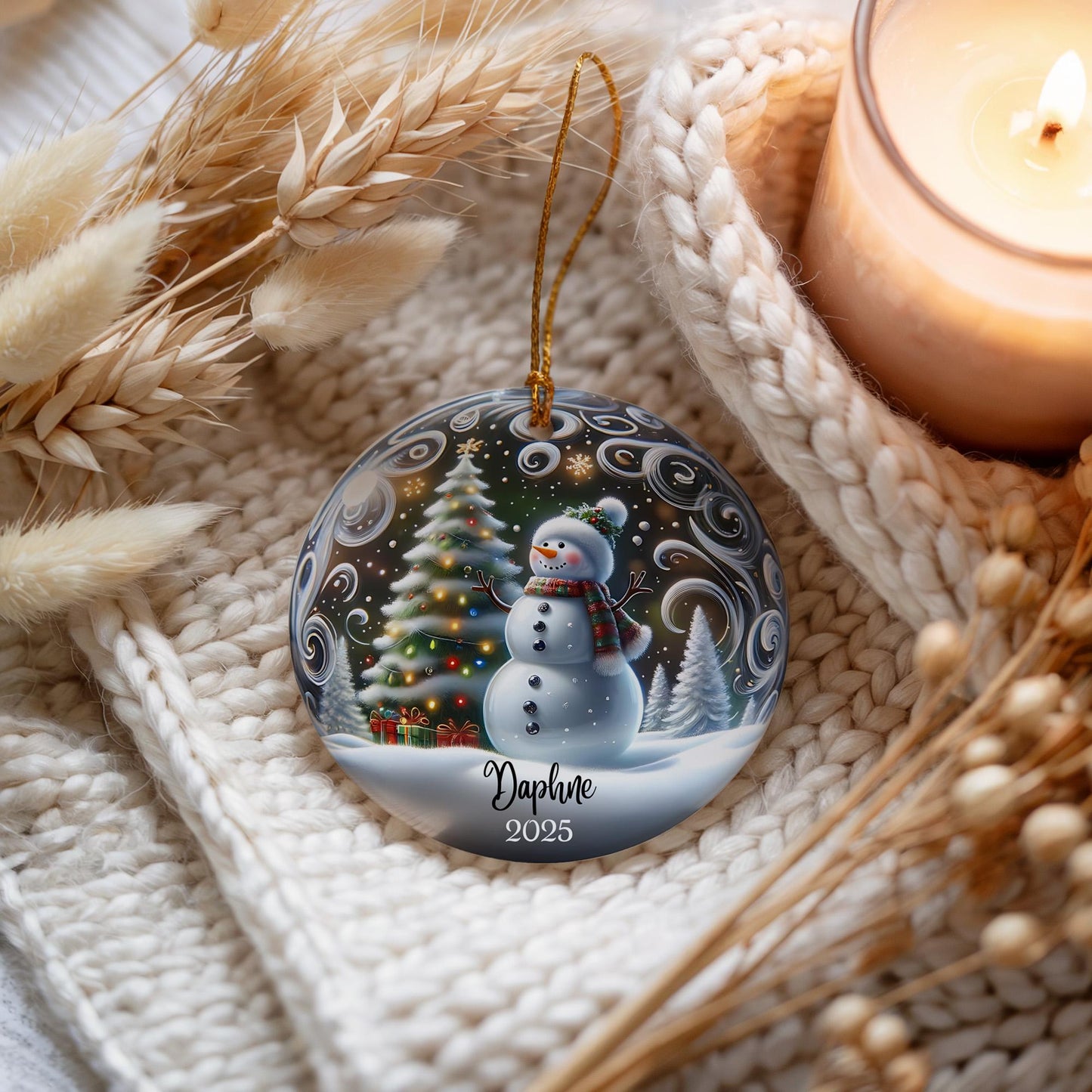 Ornement de Noël personnalisé en céramique bonhomme de neige - Cadeau de décoration d'arbre de vacances d'hiver personnalisé