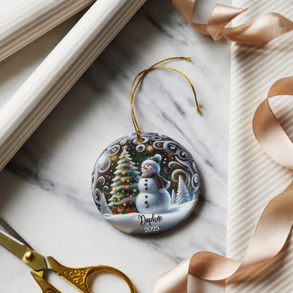 Ornement de Noël personnalisé en céramique bonhomme de neige - Cadeau de décoration d'arbre de vacances d'hiver personnalisé